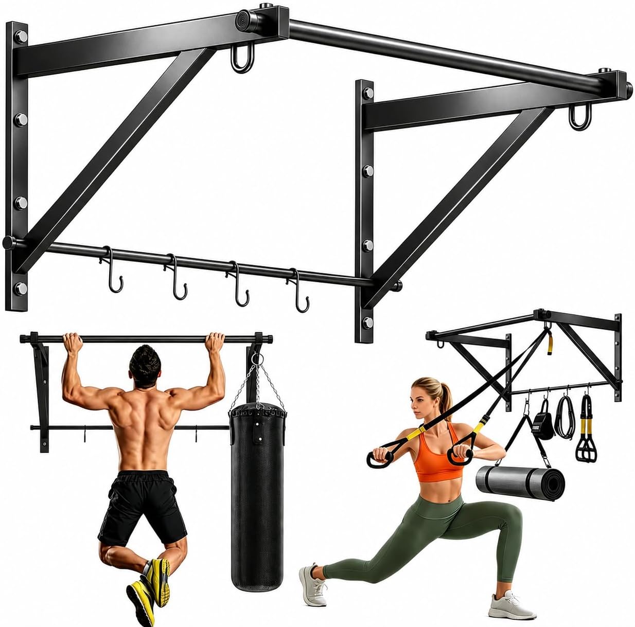 500LBS Adjustable Wall & Doorway Pull Up Bar with Hooks