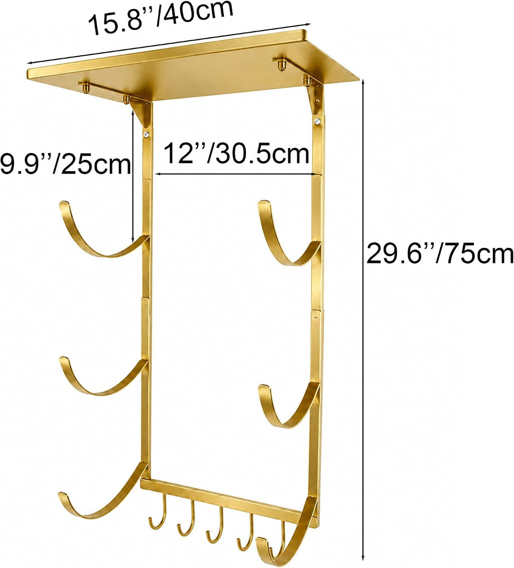 Gold Wall Mount Yoga Mat Storage Rack | Iron Storage Rack with 3-Tier J-Hooks, Wide Top Shelf and 5-Hook Bottom Rail for Yoga Mats, Foam Rollers, Gym Accessories