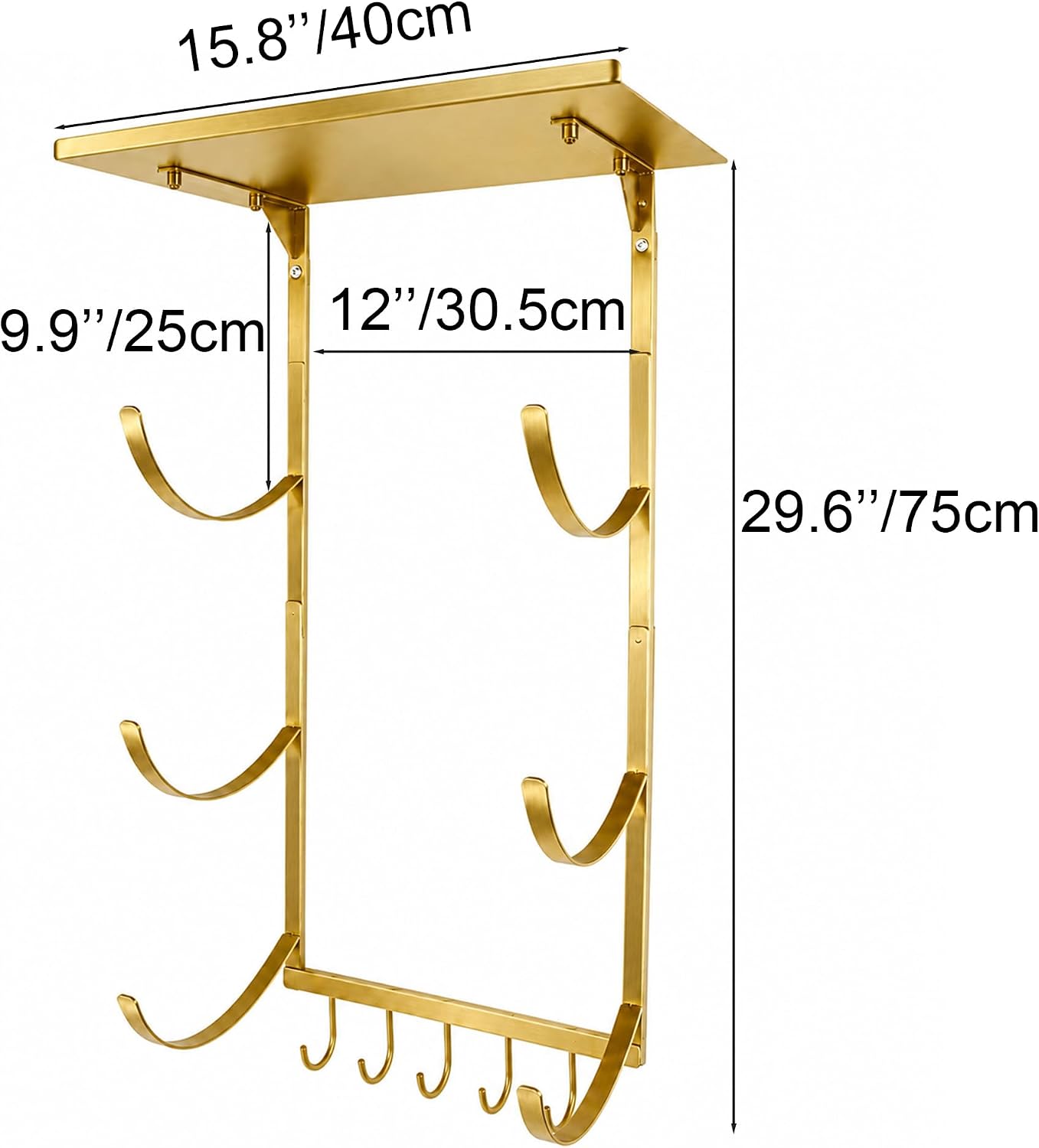 Gold Wall Mount Yoga Mat Storage Rack | Iron Storage Rack with 3-Tier J-Hooks, Wide Top Shelf and 5-Hook Bottom Rail for Yoga Mats, Foam Rollers, Gym Accessories