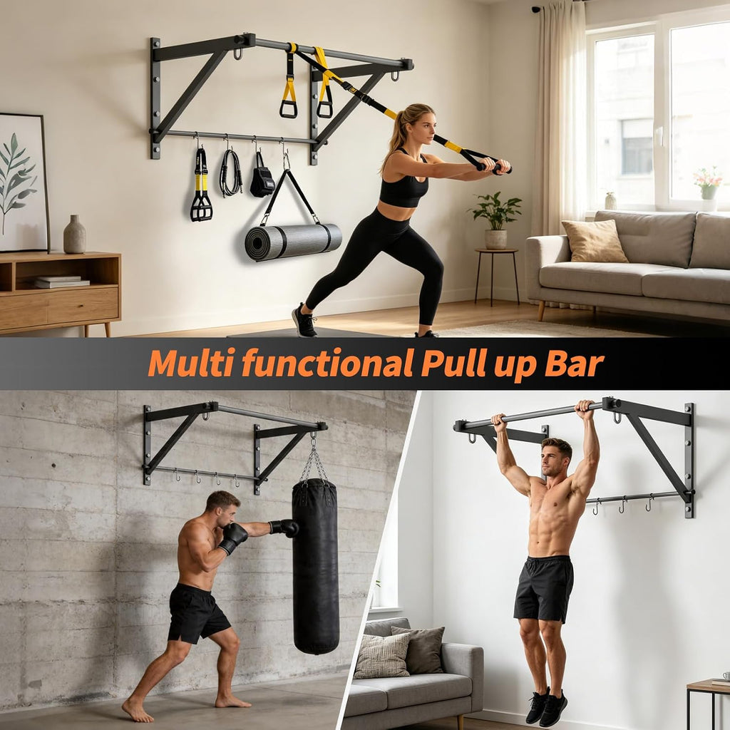 500LBS Adjustable Wall & Doorway Pull Up Bar with Hooks