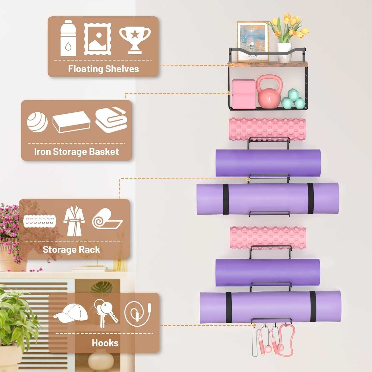 Wood Wall Mount Yoga Mat Rack