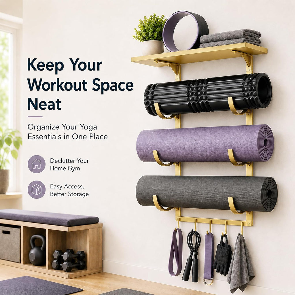 Gold Wall Mount Yoga Mat Storage Rack | Iron Storage Rack with 3-Tier J-Hooks, Wide Top Shelf and 5-Hook Bottom Rail for Yoga Mats, Foam Rollers, Gym Accessories