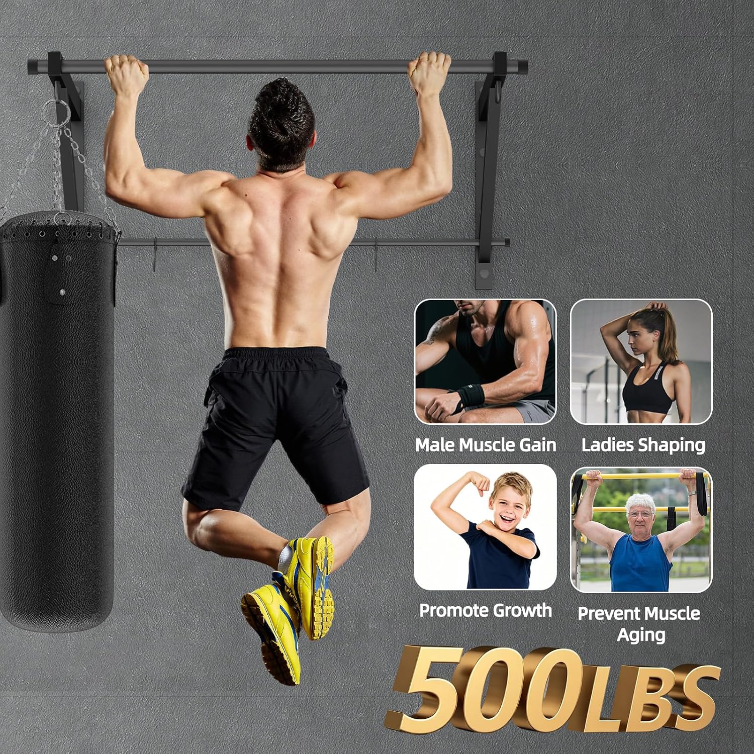 500LBS Adjustable Wall & Doorway Pull Up Bar with Hooks