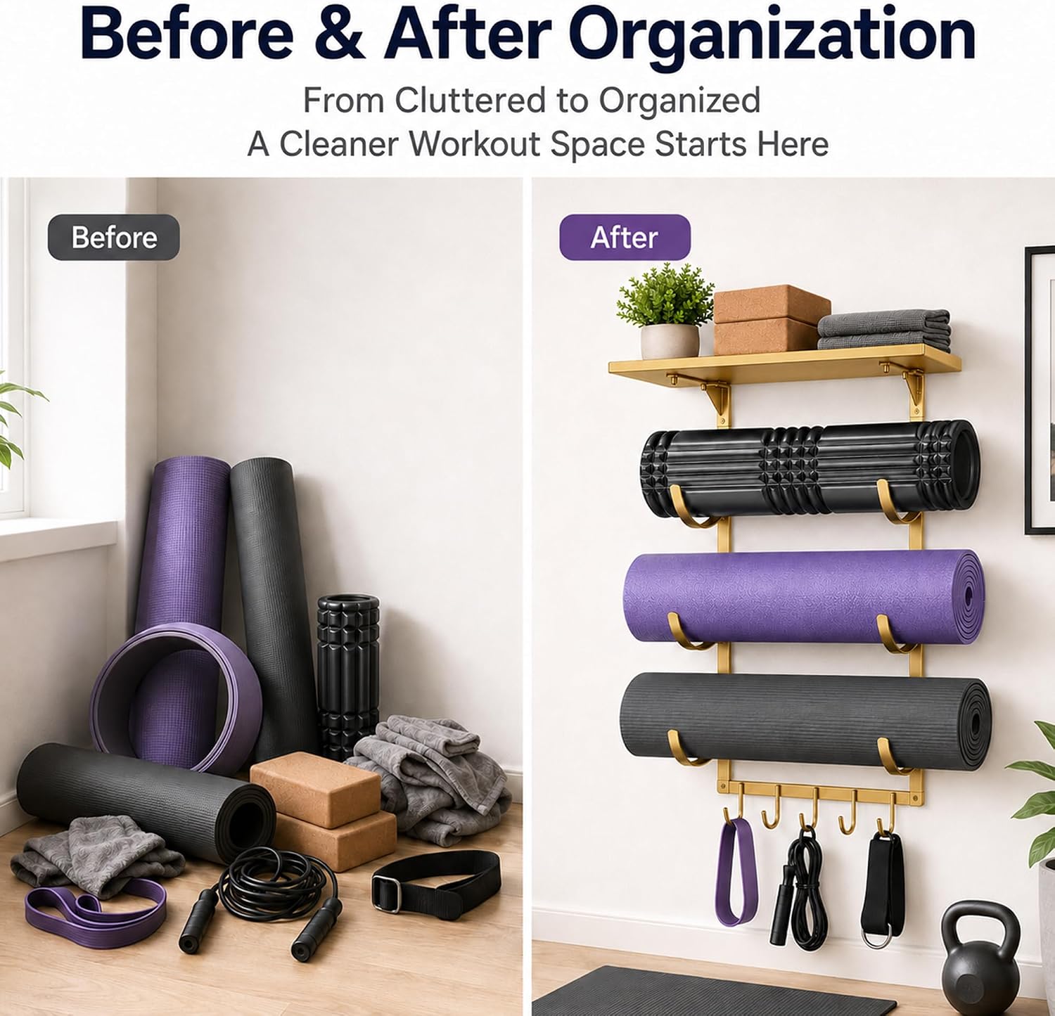 Gold Wall Mount Yoga Mat Storage Rack | Iron Storage Rack with 3-Tier J-Hooks, Wide Top Shelf and 5-Hook Bottom Rail for Yoga Mats, Foam Rollers, Gym Accessories