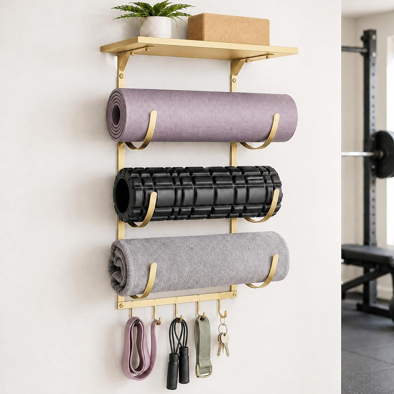 Gold Wall Mount Yoga Mat Storage Rack | Iron Storage Rack with 3-Tier J-Hooks, Wide Top Shelf and 5-Hook Bottom Rail for Yoga Mats, Foam Rollers, Gym Accessories